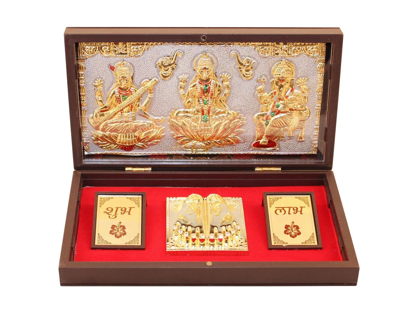 GoldGiftIdeas 24K Gold Plated Lakshmi Ganesha Saraswati Photo Frame with Charan Paduka, LGS Wooden Momento for Return Gift (Shubh Labh Carving), Housewarming Gift