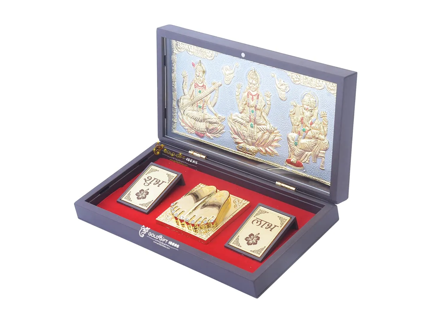 GoldGiftIdeas 24K Gold Plated Lakshmi Ganesha Saraswati Photo Frame with Charan Paduka, LGS Wooden Momento for Return Gift (Shubh Labh Carving), Housewarming Gift