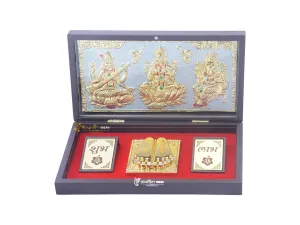 GoldGiftIdeas 24K Gold Plated Lakshmi Ganesha Saraswati Photo Frame with Charan Paduka, LGS Wooden Momento for Return Gift (Shubh Labh Carving), Housewarming Gift