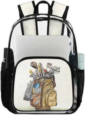Golf Sport Theme Heavy Duty Clear Backpack Golf Clubs Large See Through Backpacks PVC Transparent Backpack Clear Bag for Women Men Security Stadium Work Travel Events Concert