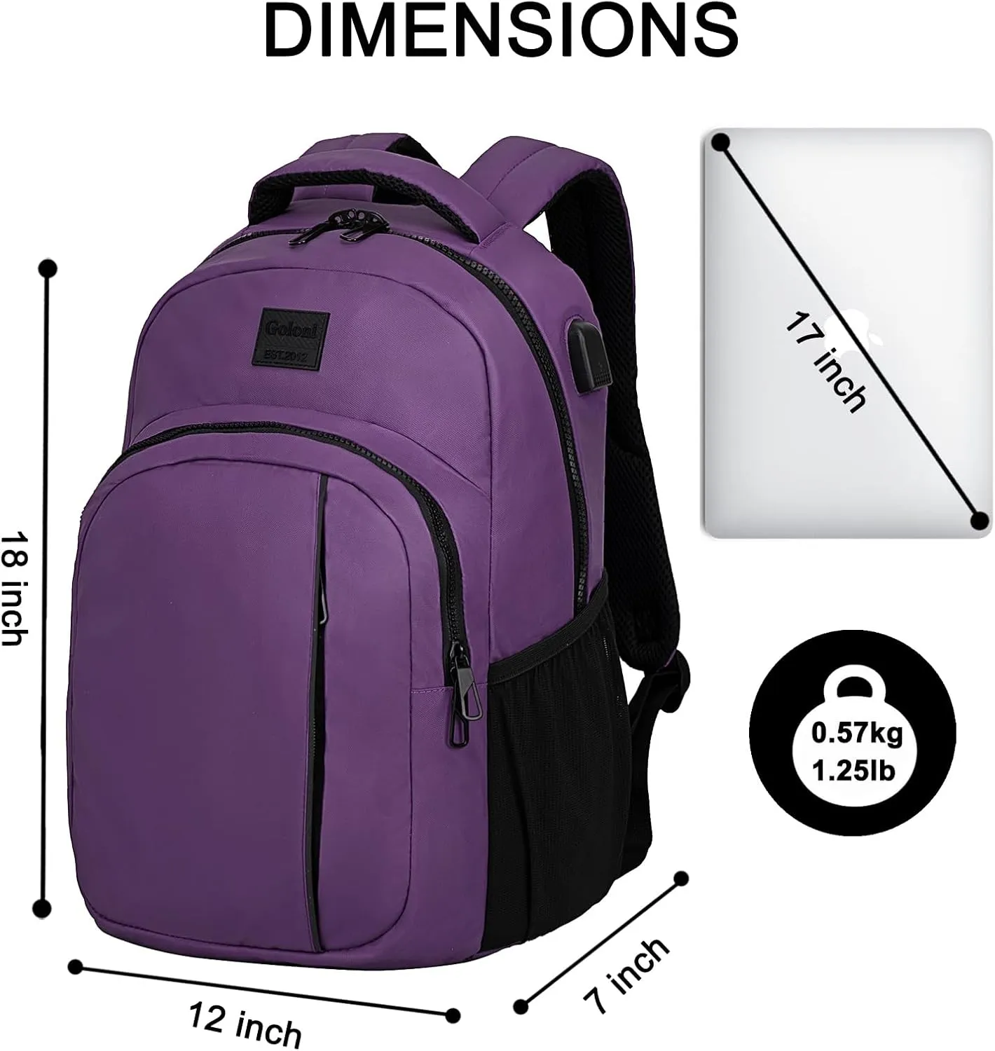 Goloni 15.6 Travel Laptop Backpack with USB Charging Port, Men Man Women Back Pack,Work,Casual College,High Schol Book Bag for Teens Lightweight Waterproof Casual Notebook Bag,Purple