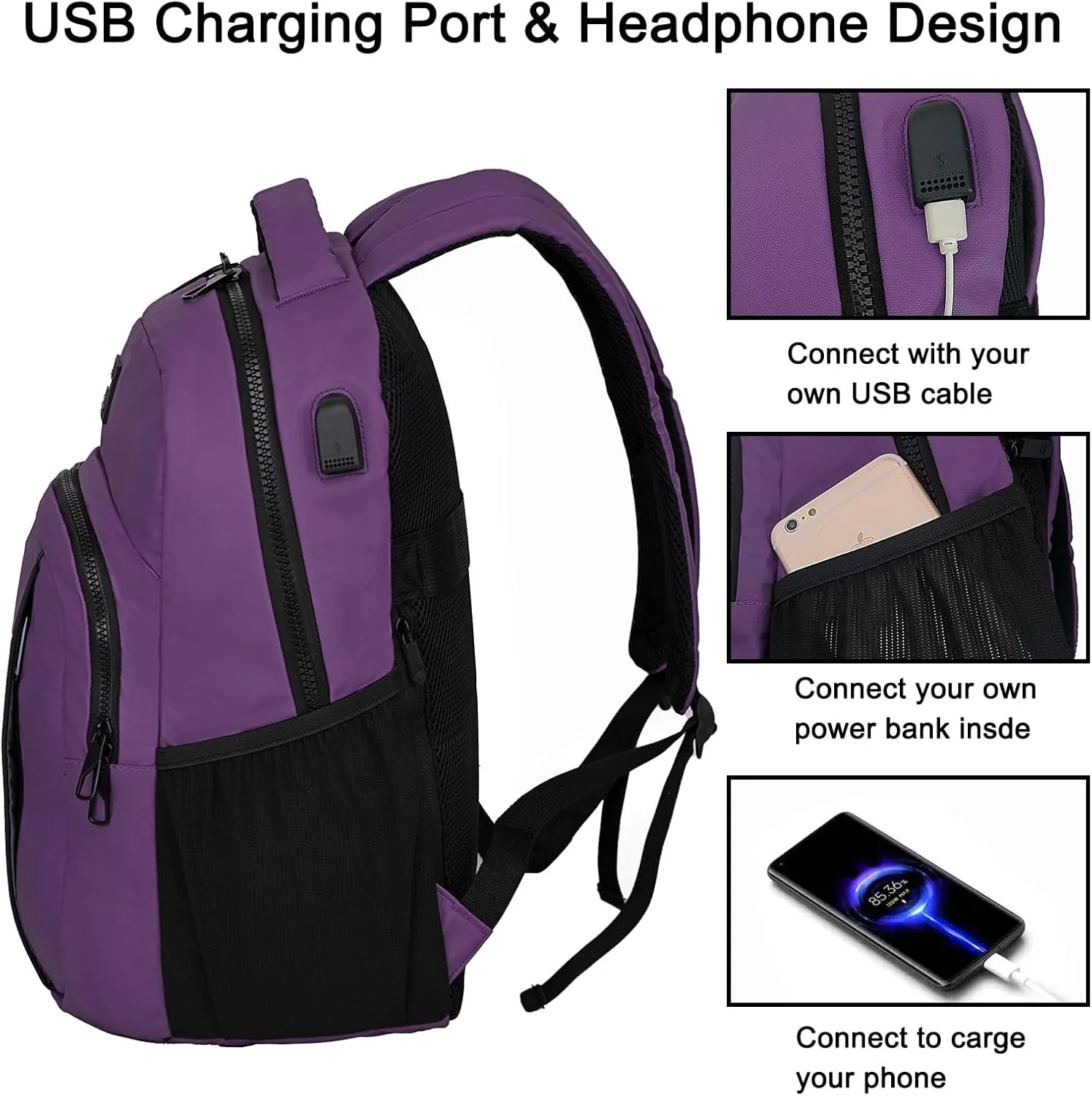 Goloni 15.6 Travel Laptop Backpack with USB Charging Port, Men Man Women Back Pack,Work,Casual College,High Schol Book Bag for Teens Lightweight Waterproof Casual Notebook Bag,Purple