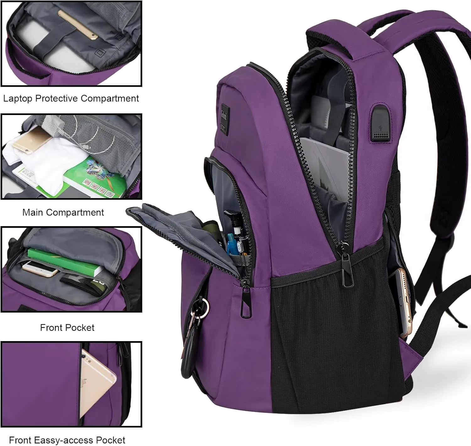 Goloni 15.6 Travel Laptop Backpack with USB Charging Port, Men Man Women Back Pack,Work,Casual College,High Schol Book Bag for Teens Lightweight Waterproof Casual Notebook Bag,Purple