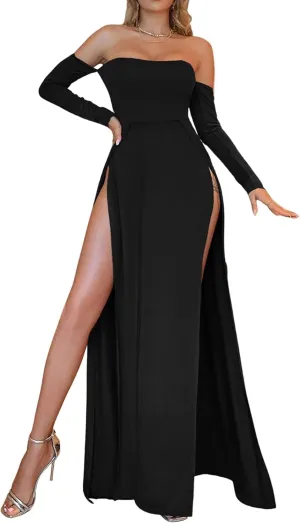 GORGLITTER Women's Fall Off Shoulder Bodycon Maxi Dress High Slit Long Sleeve Club A Line Long Dresses