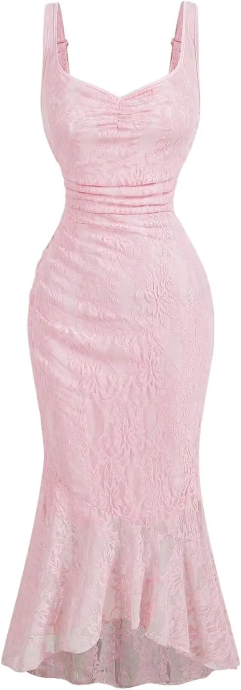 GORGLITTER Women's Lace Bodycon Fishtail Midi Dress Y2K Ruched Asymmetrical Graduation Wedding Guest Prom Summer Dress