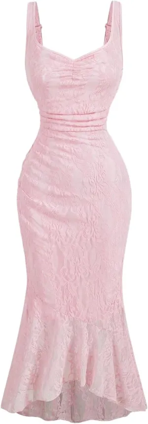 GORGLITTER Women's Lace Bodycon Fishtail Midi Dress Y2K Ruched Asymmetrical Graduation Wedding Guest Prom Summer Dress