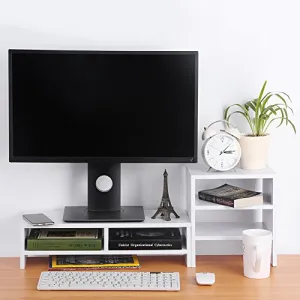 GOTOTOP Computer Laptop Monitor Riser Stand Desktop Wooden Storage Organizer   3-Layer ShelfLaptop TV Stand Desktop Wooden Storage Organizer Sit Monitor Risers (White)
