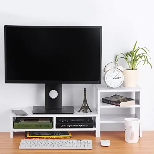 GOTOTOP Computer Laptop Monitor Riser Stand Desktop Wooden Storage Organizer   3-Layer ShelfLaptop TV Stand Desktop Wooden Storage Organizer Sit Monitor Risers (White)
