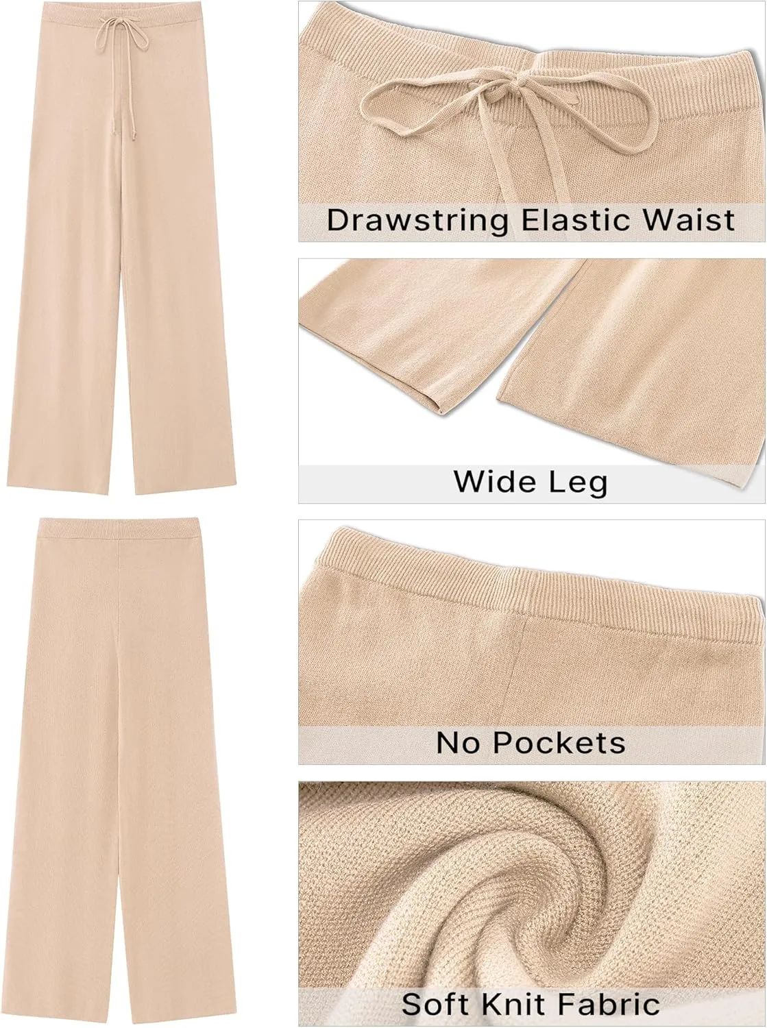 GRAPENT Women's Ribbed Knit Flowy Winter Pants Elastic Waist Tie Front Wide Leg Sweater Pants