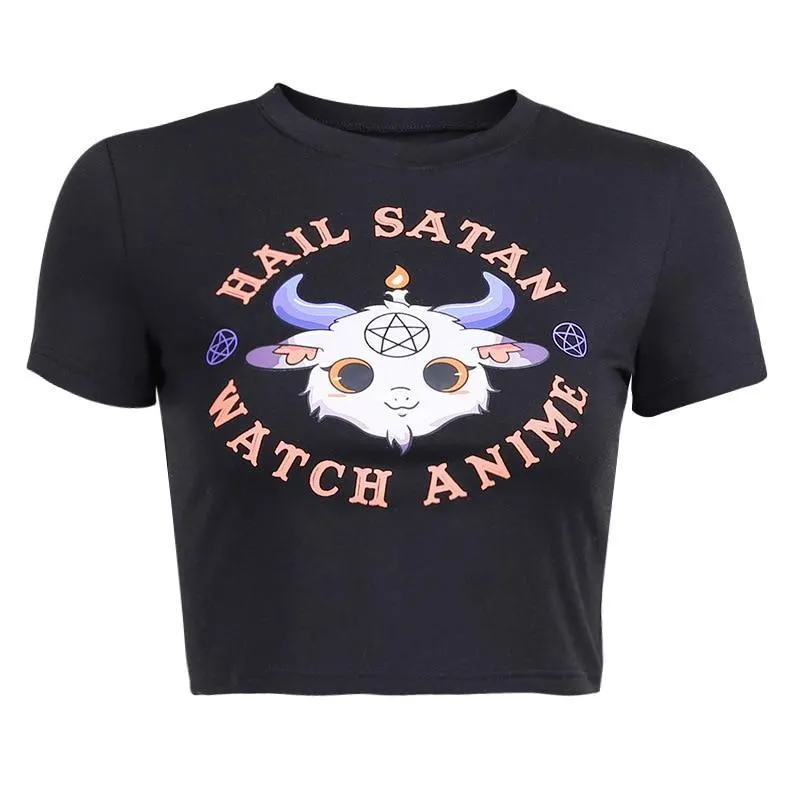 Hail Satan, Watch Anime Cartoon Goat Pentagram Cropped Top: A Cute and Evil Way to Express Yourself