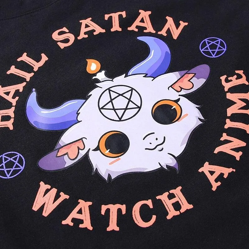 Hail Satan, Watch Anime Cartoon Goat Pentagram Cropped Top: A Cute and Evil Way to Express Yourself