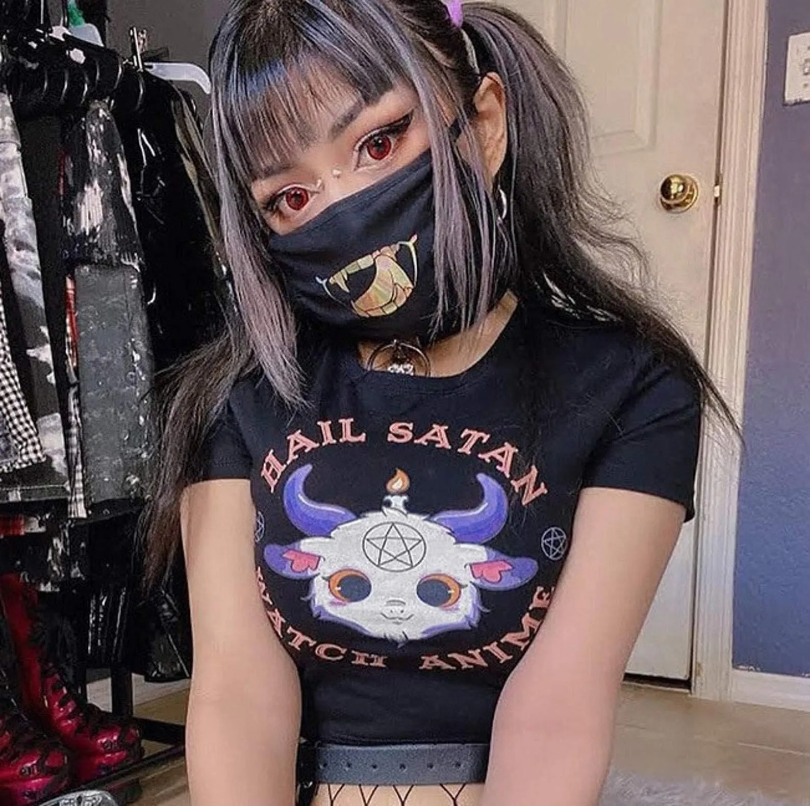 Hail Satan, Watch Anime Cartoon Goat Pentagram Cropped Top: A Cute and Evil Way to Express Yourself