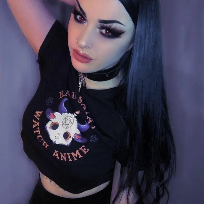 Hail Satan, Watch Anime Cartoon Goat Pentagram Cropped Top: A Cute and Evil Way to Express Yourself