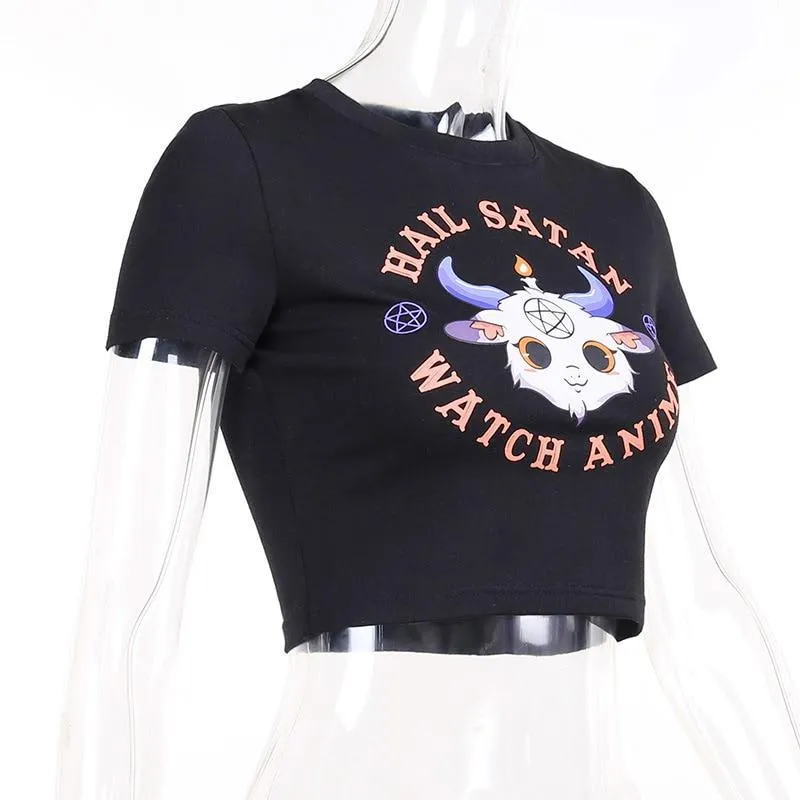 Hail Satan, Watch Anime Cartoon Goat Pentagram Cropped Top: A Cute and Evil Way to Express Yourself