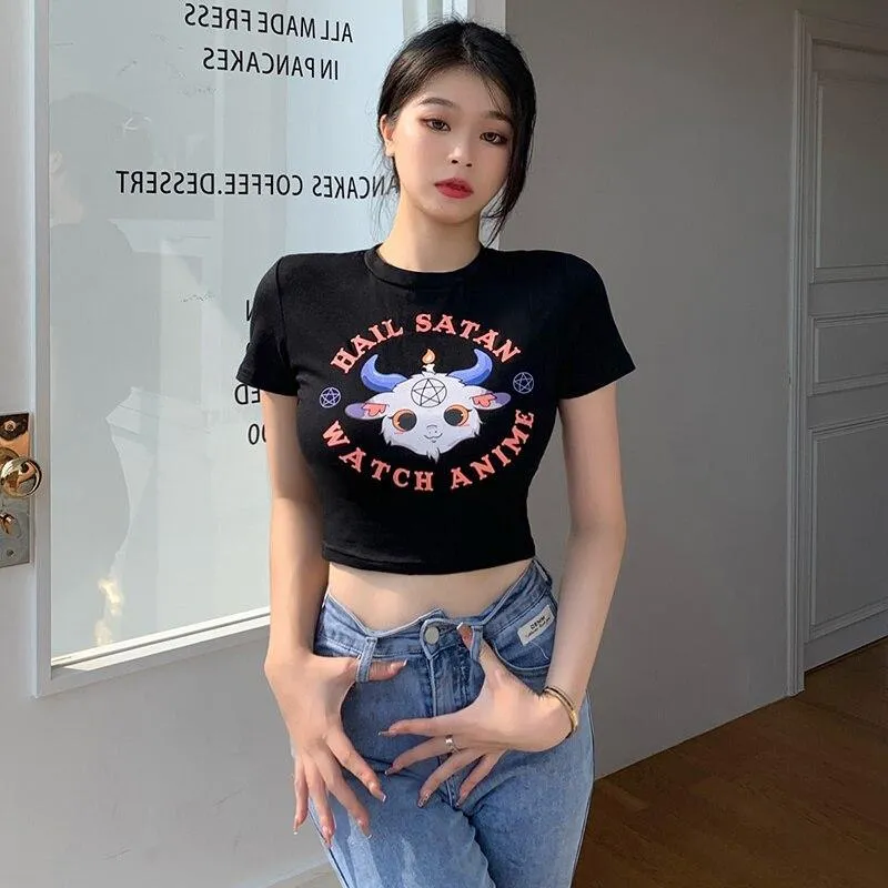 Hail Satan, Watch Anime Cartoon Goat Pentagram Cropped Top: A Cute and Evil Way to Express Yourself