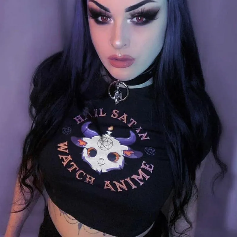 Hail Satan, Watch Anime Cartoon Goat Pentagram Cropped Top: A Cute and Evil Way to Express Yourself