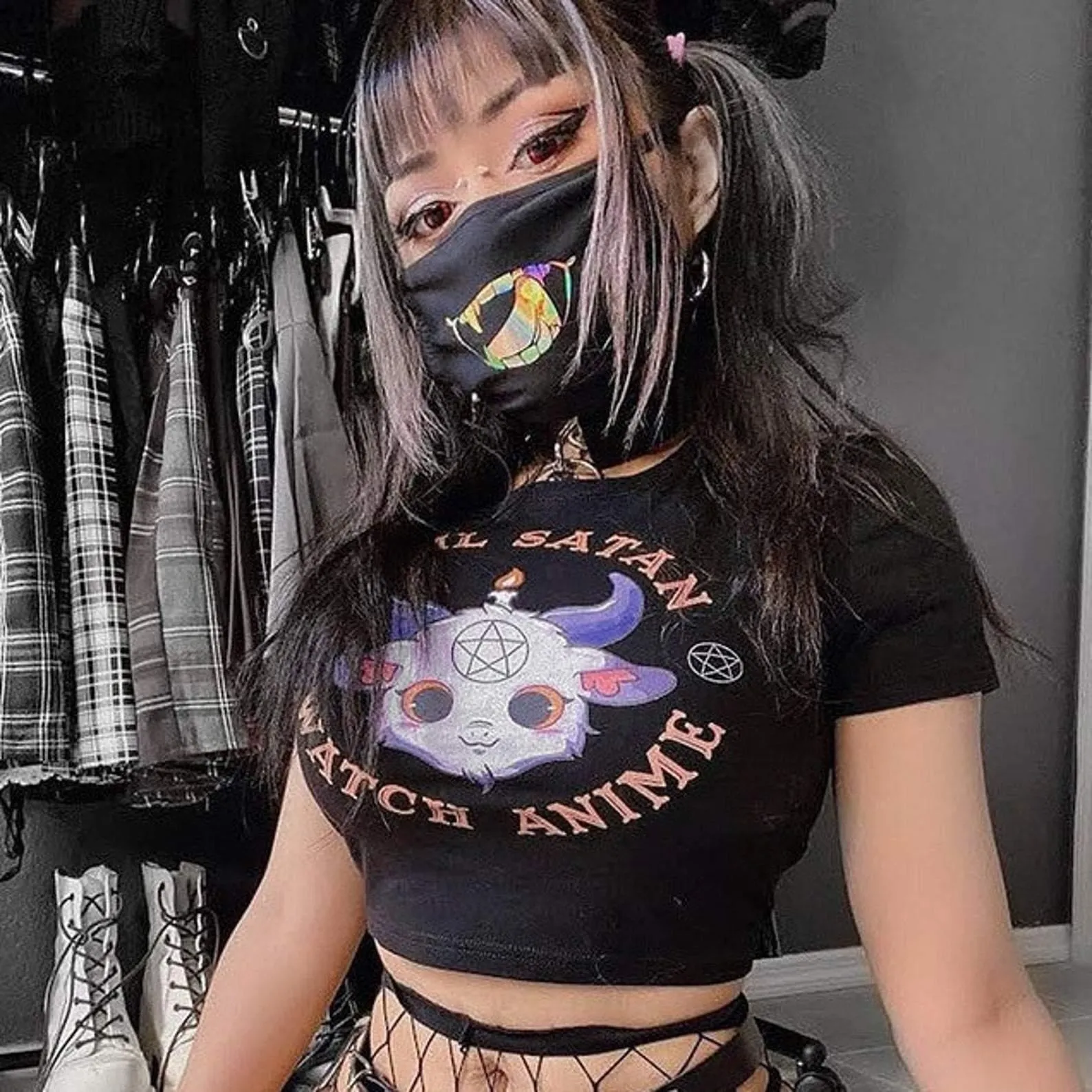 Hail Satan, Watch Anime Cartoon Goat Pentagram Cropped Top: A Cute and Evil Way to Express Yourself