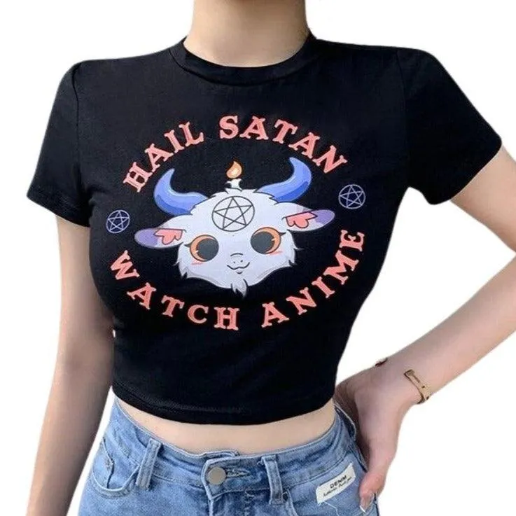 Hail Satan, Watch Anime Cartoon Goat Pentagram Cropped Top: A Cute and Evil Way to Express Yourself
