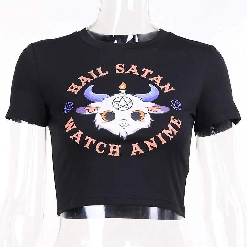 Hail Satan, Watch Anime Cartoon Goat Pentagram Cropped Top: A Cute and Evil Way to Express Yourself