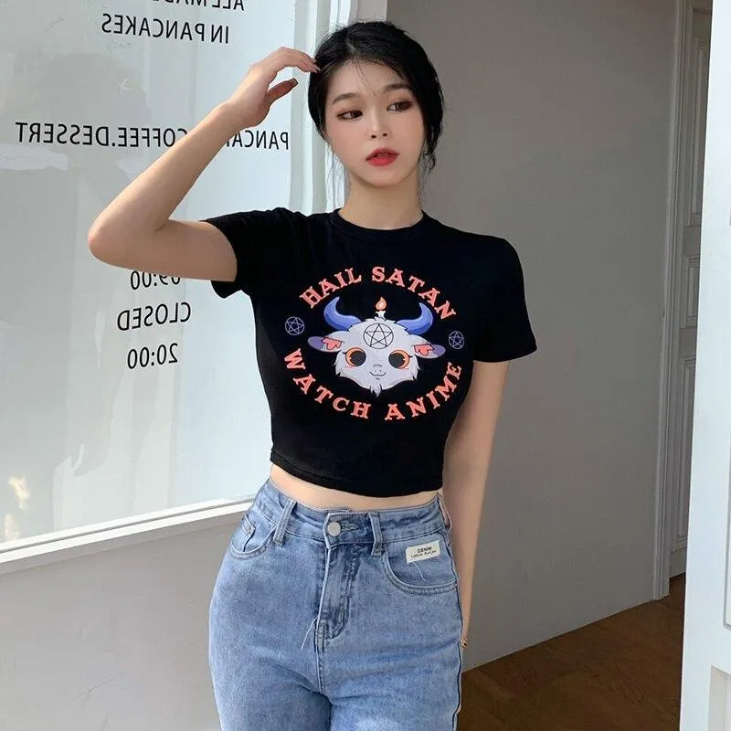 Hail Satan, Watch Anime Cartoon Goat Pentagram Cropped Top: A Cute and Evil Way to Express Yourself