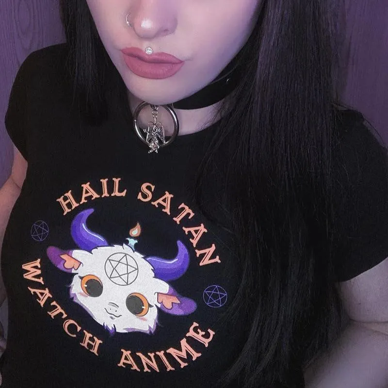 Hail Satan, Watch Anime Cartoon Goat Pentagram Cropped Top: A Cute and Evil Way to Express Yourself