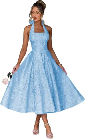 Halter Tea Length Prom Dresses 2025 Jacquard Satin A-Line Formal Evening Party Gowns PU241