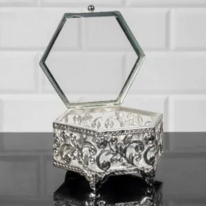 Handmade Hexagon Jewelry Boxes for Women, Silver, 5.1"