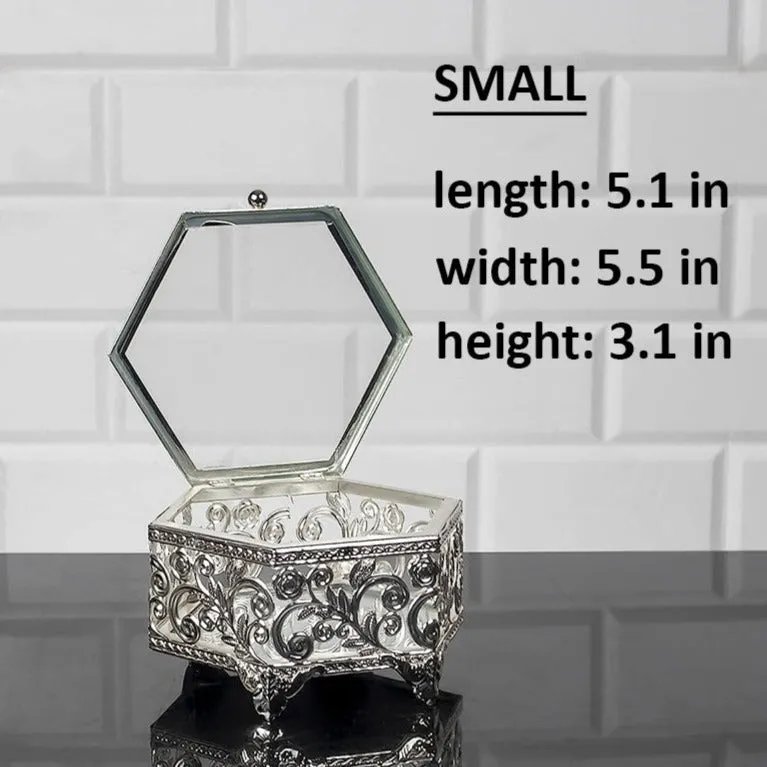 Handmade Hexagon Jewelry Boxes for Women, Silver, 5.1"