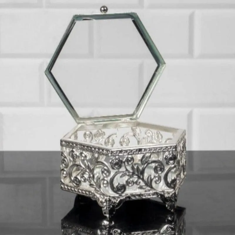 Handmade Hexagon Jewelry Boxes for Women, Silver, 5.1"