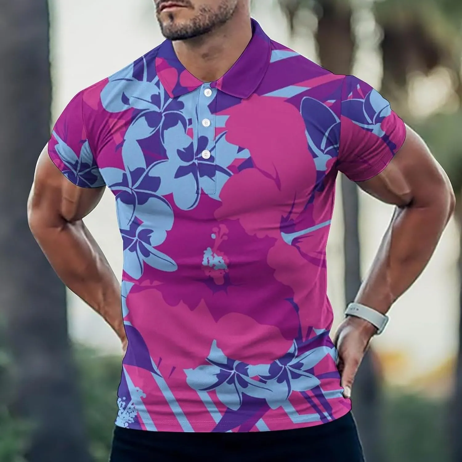 Hawaiian Flowers Mens Polo Shirts Quick Dry Short Sleeve T-shirts Slim Tennis Collared Tees Tops