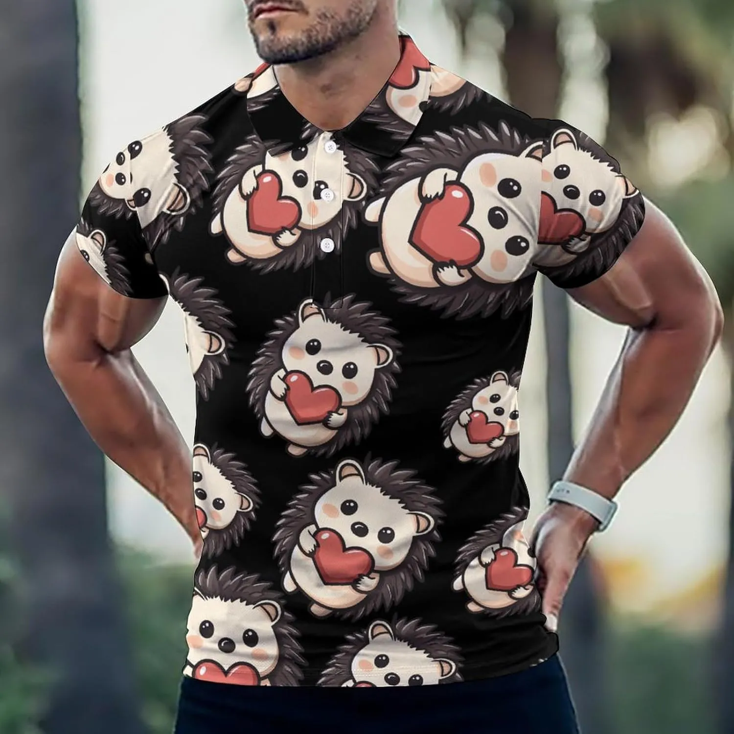 Hedgehog Holding A Heart Mens Polo Shirts Quick Dry Short Sleeve T-shirts Slim Tennis Collared Tees Tops