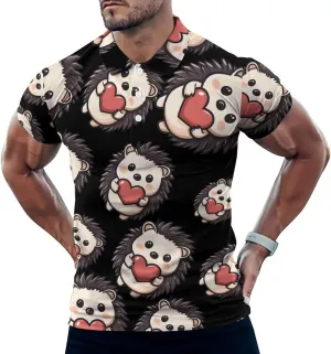 Hedgehog Holding A Heart Mens Polo Shirts Quick Dry Short Sleeve T-shirts Slim Tennis Collared Tees Tops