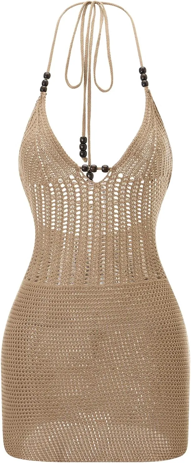 HengShunRui Women Crochet Bodycon Mini Dress Halter Neck Backless Knit Dresses