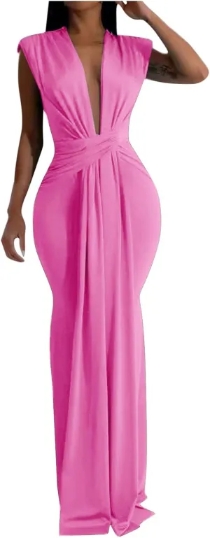 HGps8w Womens Deep V-Neck Sleeveless Party Dress with Pad Shoulder Mermaid Cocktail Maxi Dress Formal Party Evening Gowns