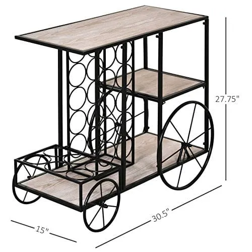 HOMCOM 16-Bottle Mobile Bar Cart with Wine Rack Storage, Featuring an Elegant Design & Three Shelves for Storage/Display