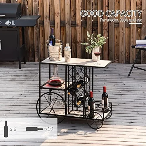 HOMCOM 16-Bottle Mobile Bar Cart with Wine Rack Storage, Featuring an Elegant Design & Three Shelves for Storage/Display