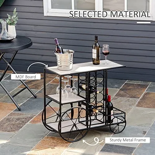 HOMCOM 16-Bottle Mobile Bar Cart with Wine Rack Storage, Featuring an Elegant Design & Three Shelves for Storage/Display