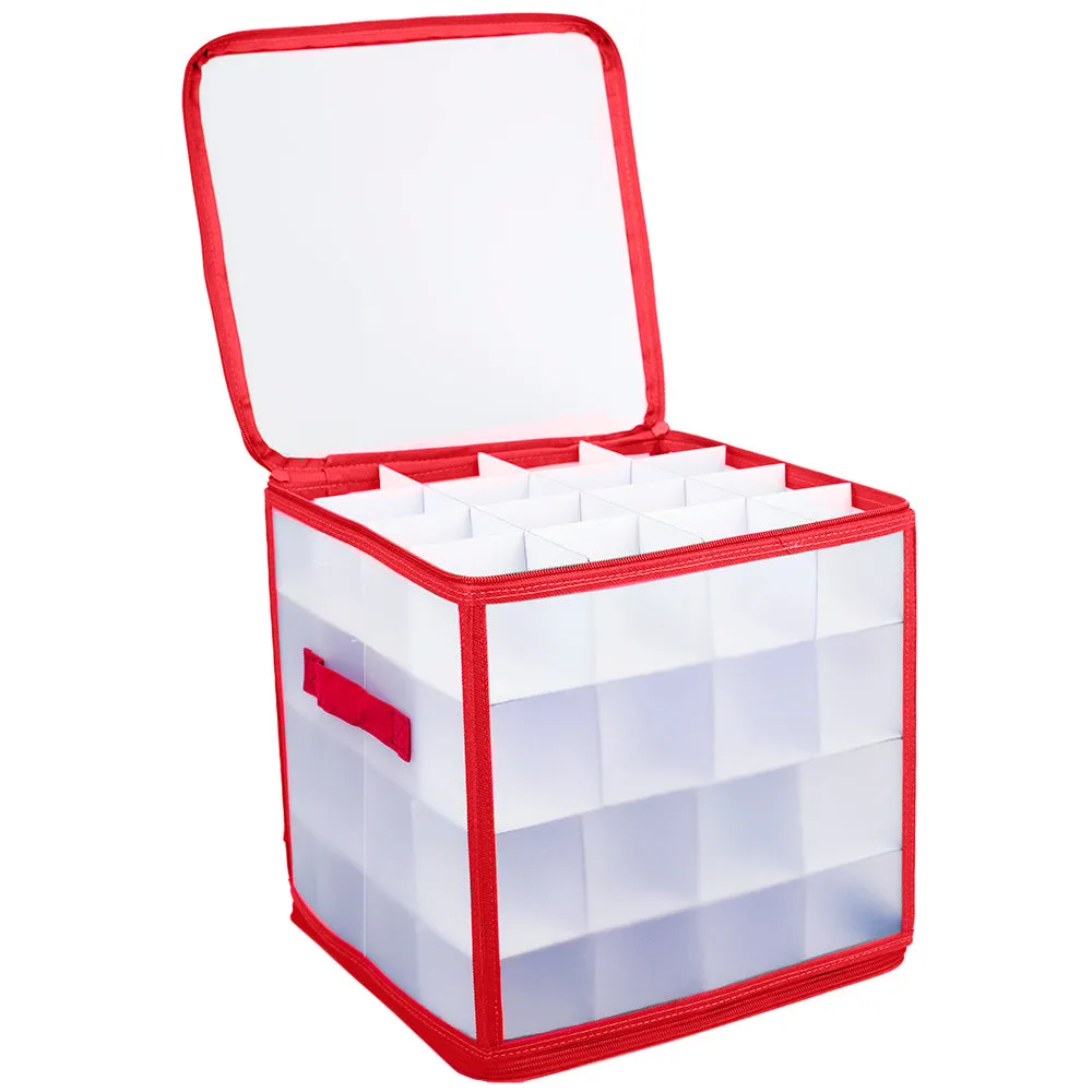 Home Basics 64-Compartment Zippered Ornament Storage Box, Red, 12x12x12 Inches