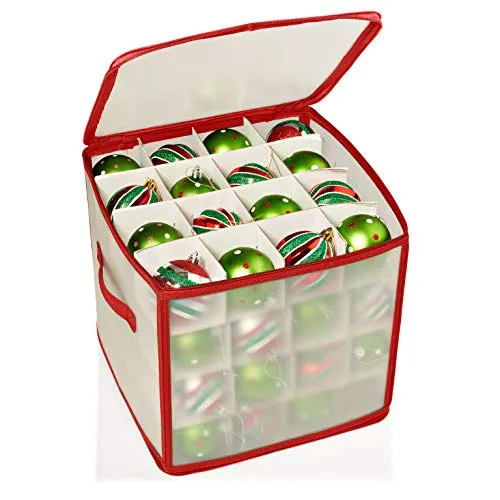 Home Basics 64-Compartment Zippered Ornament Storage Box, Red, 12x12x12 Inches