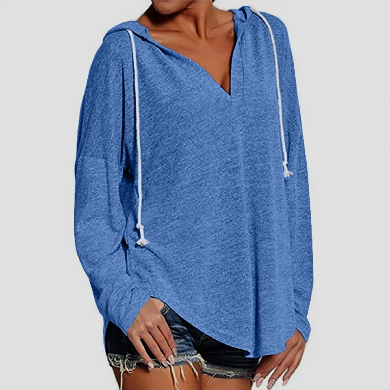 Hoodies for Women Trendy Winter Vneck Sweatshirts Oversized Long Sleeve Tshirts Loose Fit Plain Color Sweatshirts