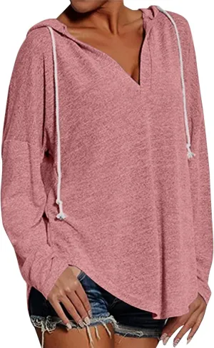 Hoodies for Women Trendy Winter Vneck Sweatshirts Oversized Long Sleeve Tshirts Loose Fit Plain Color Sweatshirts