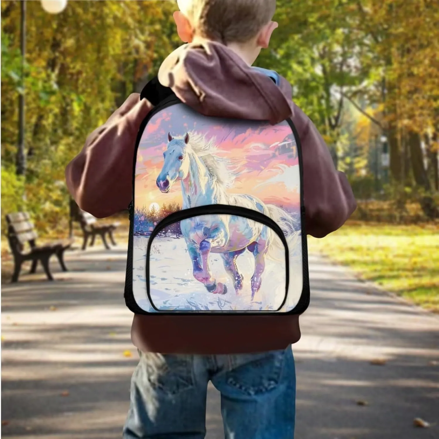 Horse School Bag for Teenage Girls Backpacks for Girls with Lunch Bag Backpack for Teen Girls for Travel Backpacks with Lunchboxes for Girls Boys Pencil Bag Girls 3 Pcs Backpack
