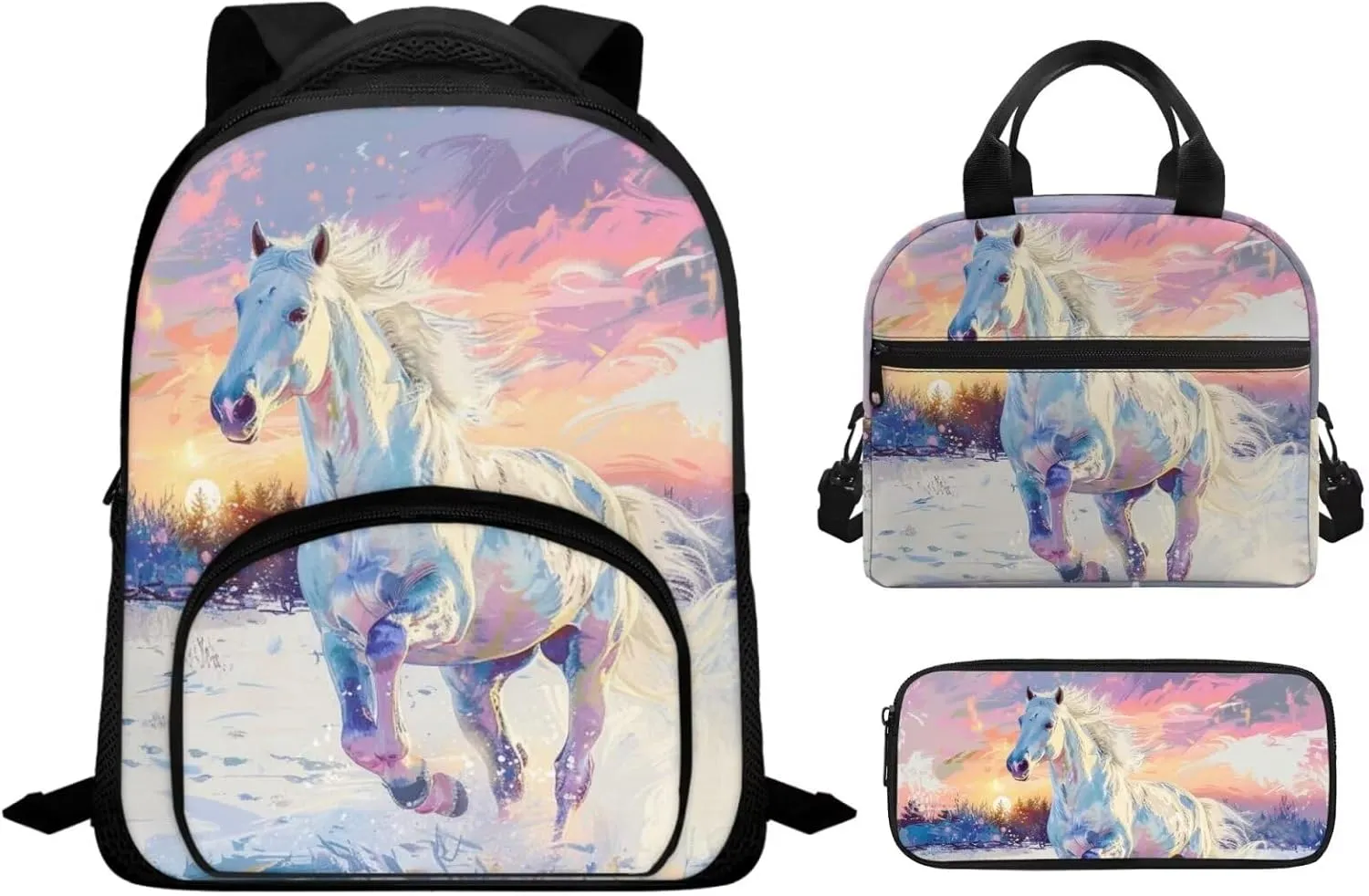 Horse School Bag for Teenage Girls Backpacks for Girls with Lunch Bag Backpack for Teen Girls for Travel Backpacks with Lunchboxes for Girls Boys Pencil Bag Girls 3 Pcs Backpack