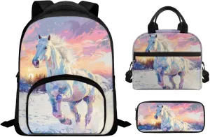 Horse School Bag for Teenage Girls Backpacks for Girls with Lunch Bag Backpack for Teen Girls for Travel Backpacks with Lunchboxes for Girls Boys Pencil Bag Girls 3 Pcs Backpack