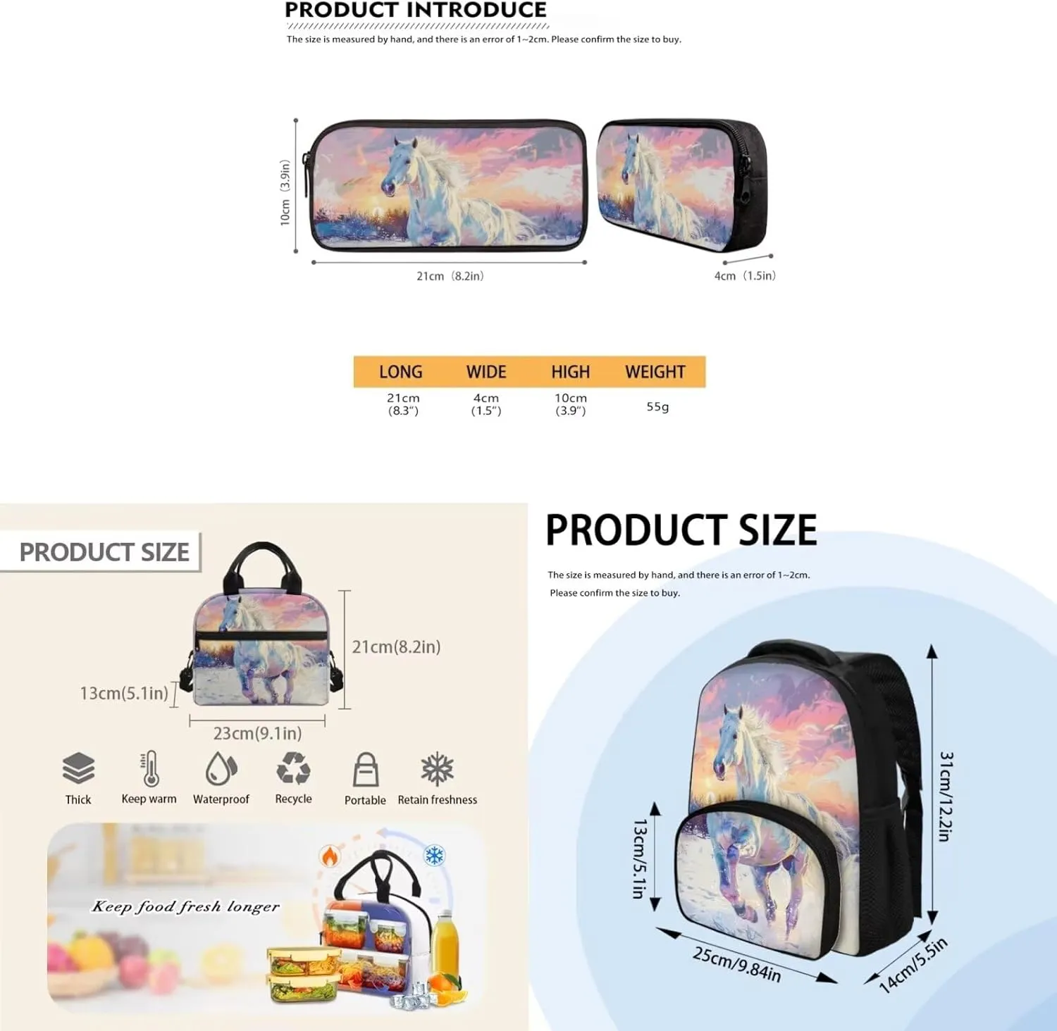 Horse School Bag for Teenage Girls Backpacks for Girls with Lunch Bag Backpack for Teen Girls for Travel Backpacks with Lunchboxes for Girls Boys Pencil Bag Girls 3 Pcs Backpack