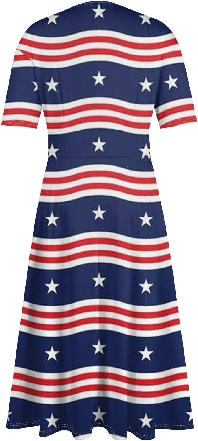 Independence Day Maxi Dresses for Women 2024 Short Sleeve Stars Stripes A-Line Summer Dresses, Small-5X-Large