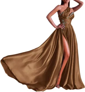 Jamille Beaded Prom Dresses 2025 One Shoulder Formal Dress for Women Satin Evening Ball Gown with Train Sweetheart JA0002