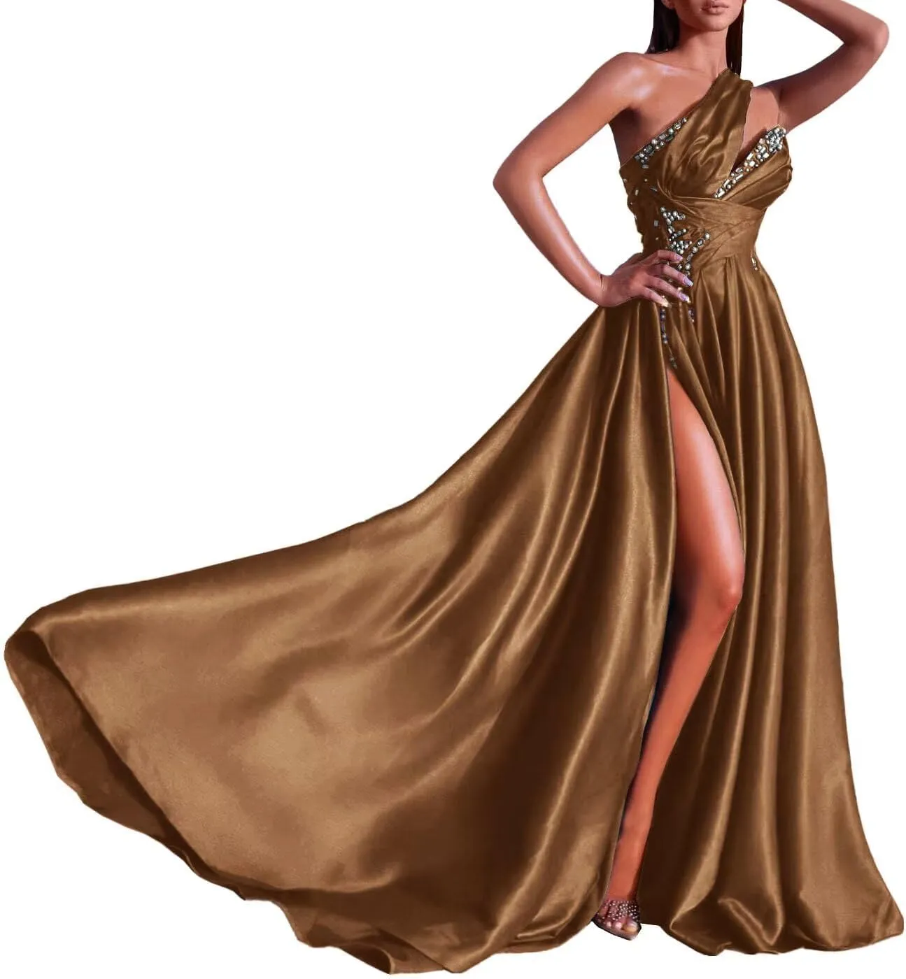 Jamille Beaded Prom Dresses 2025 One Shoulder Formal Dress for Women Satin Evening Ball Gown with Train Sweetheart JA0002