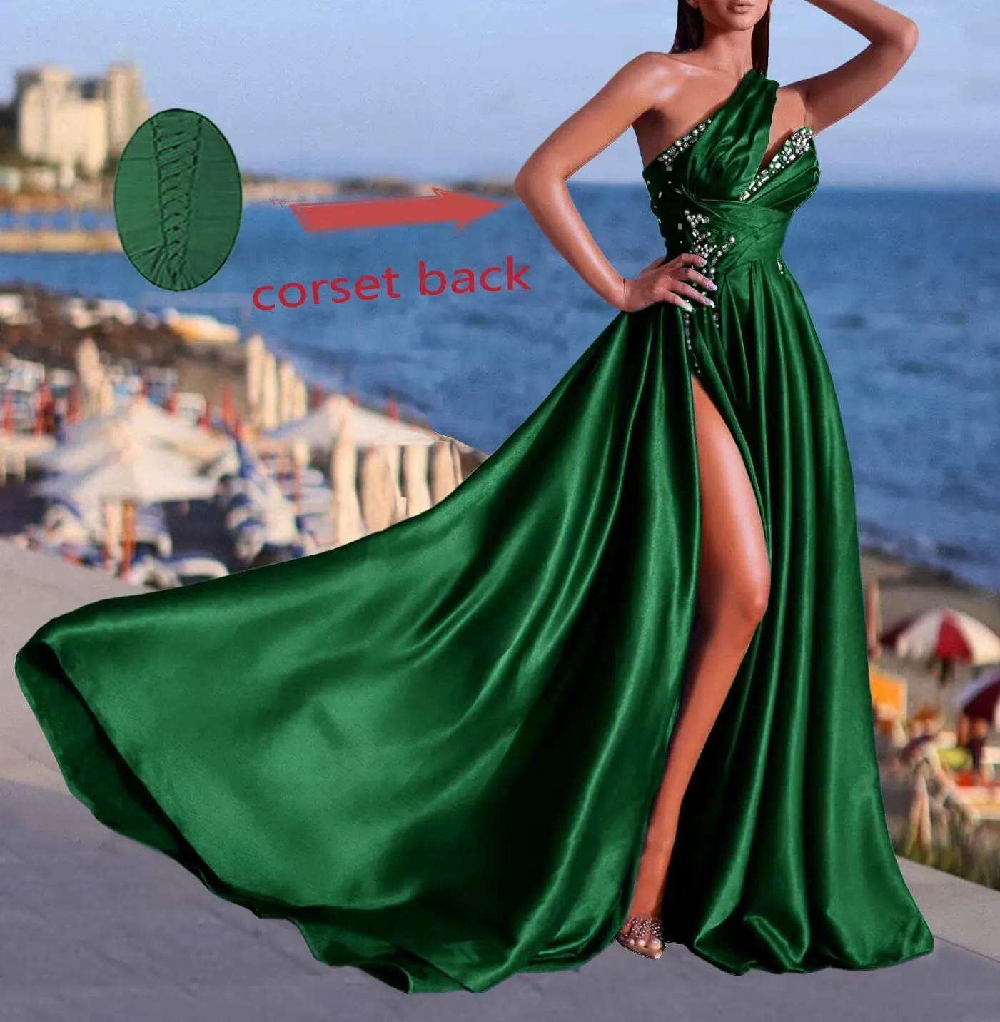 Jamille Beaded Prom Dresses 2025 One Shoulder Formal Dress for Women Satin Evening Ball Gown with Train Sweetheart JA0002