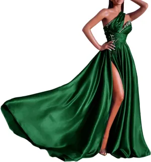 Jamille Beaded Prom Dresses 2025 One Shoulder Formal Dress for Women Satin Evening Ball Gown with Train Sweetheart JA0002